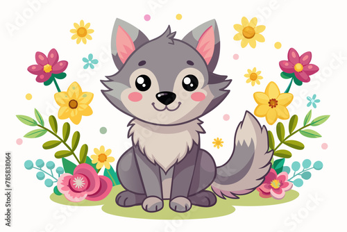 Charming cartoon wolves frolic amidst a field of blooming flowers.
