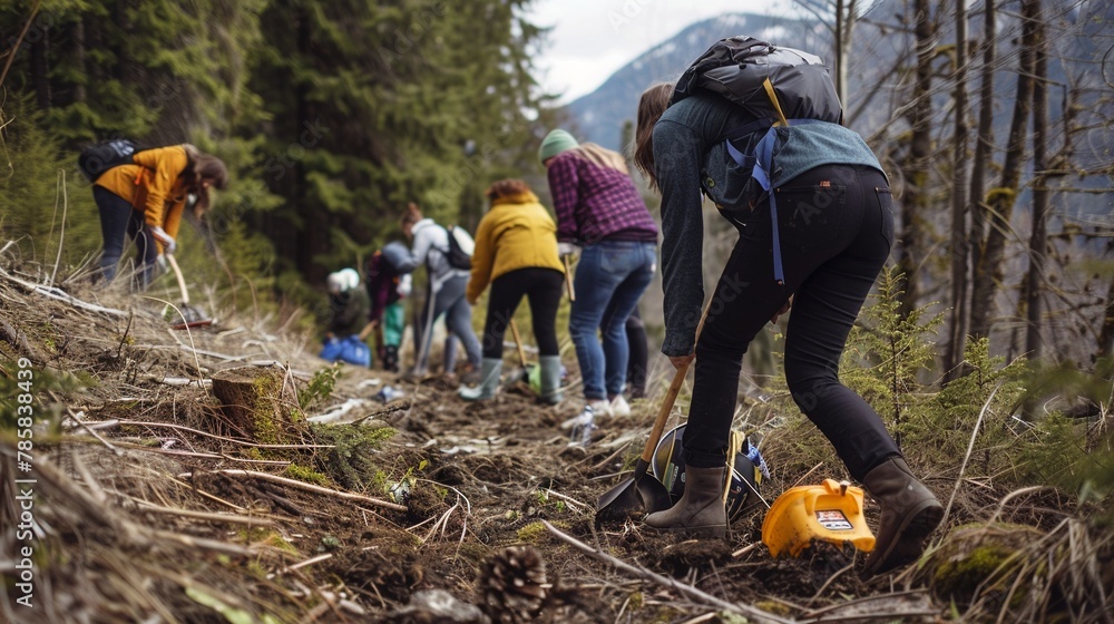 Volunteers cleaning a forest trail in the mountains on Earth Day Volunteers cleaning a forest trail in the mountains on Earth Day