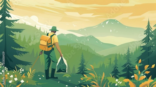 A forest ranger leading an Earth Day cleanup in the mountains, protecting nature