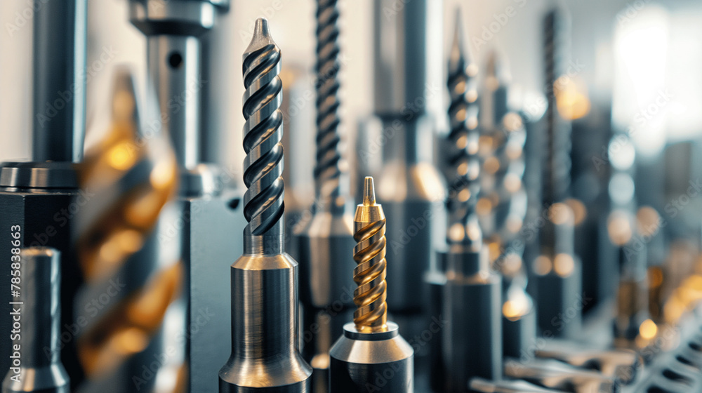 Display of industrial grade carbide drill bits and cutters Emphasis on its role in metalworking and precision manufacturing. - obrazy, fototapety, plakaty 