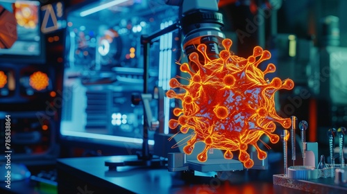A 3D model of a computer virus under a digital microscope, studying its structure for better defense strategies