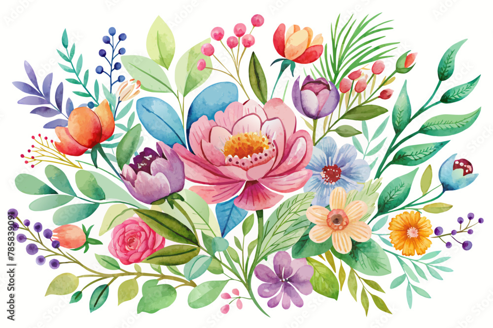 Watercolor charming with flowers blooming gracefully on a white background.