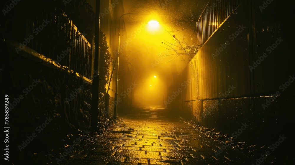 Flickering street light on a deserted alley