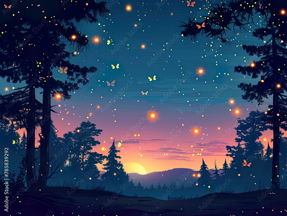 A whimsical illustration of fireflies glowing amidst stars against a dark night sky, silhouetting grass.. A whimsical illustration of fireflies glowing amidst stars against a dark night sky, silhouetting grass..