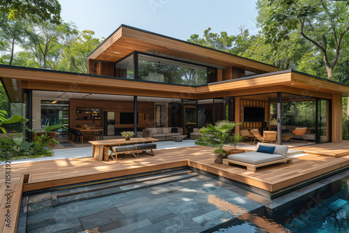 A modern house with an outdoor living area, featuring wooden furniture and plants, surrounded by trees. Created with Ai