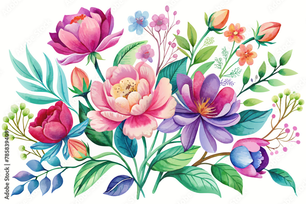 Watercolors charming with flowers on a white background