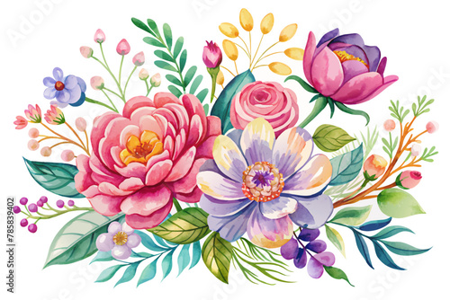 Watercolors of beautiful flowers in bloom on a white background.