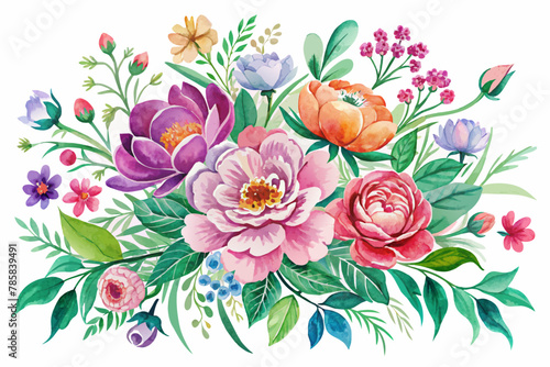 Charming watercolors of flowers bloom vividly on a pure white backdrop.