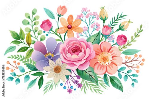 Watercolor painting featuring a bouquet of vibrant flowers set against a pristine white background.