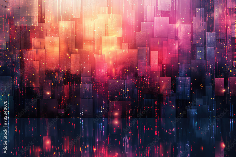 Abstract background with city lights, colorful neon lights, digital art style, illustration painting, stars and rain drops in the night sky. Created with Ai