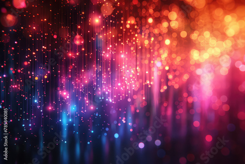  A vibrant digital art background featuring an abstract cityscape illuminated in the style of colorful neon lights and raindrops reflecting on the wet pavement. Created with Ai © design