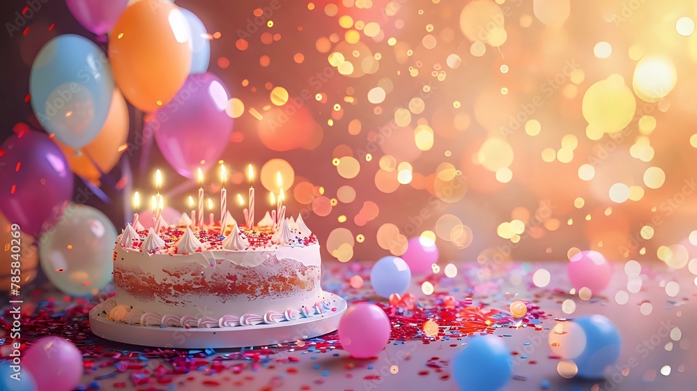 Vibrant Birthday Cake and Balloons in Warm Lighting Vibrant Birthday Cake and Balloons in Warm Lighting