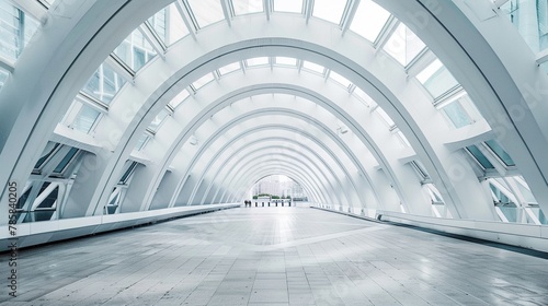 Futuristic station, geometric vaulted archway, streamlined pathway, bright daylight, high contrast, fisheye lens