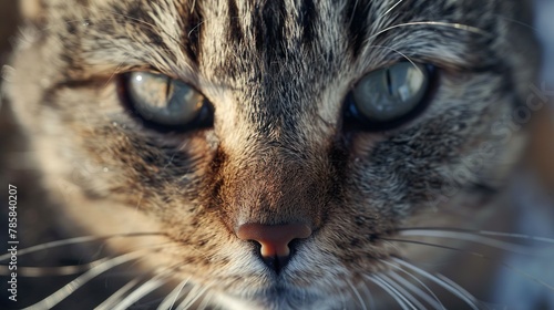 A close-up of a cat's face with expressive eyes and whiskers showcases its beauty and personality.