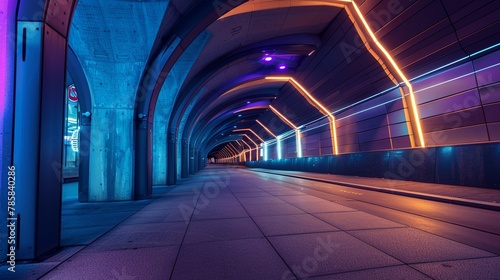 Modern urban underpass, sleek vaulted archway, illuminated pathway, night, neon lighting, wide angle
