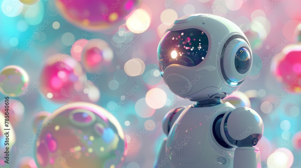 Fototapeta premium A cartoon character with a cute background is accompanied by an artificial intelligence robot