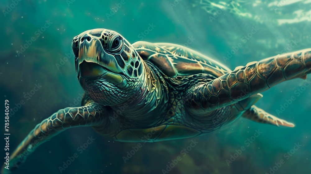Fototapeta premium A close-up of a sea turtle swimming gracefully in the ocean, showcasing its streamlined shell and flippers.