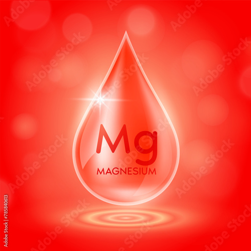 Water drop serum magnesium minerals from nature on red background. Collagen solution or vitamins complex essential. For ads cosmetics medical. Vector EPS10.