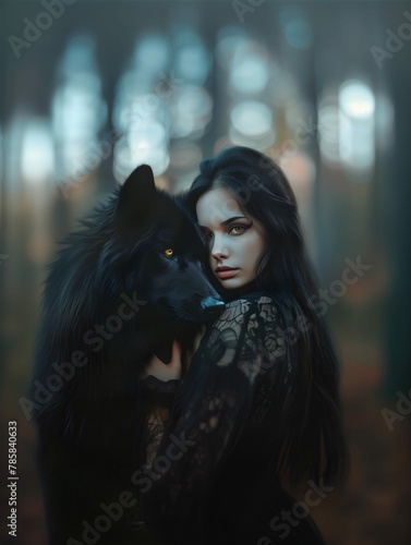 Young Woman with Long Hair Petting a Black Wolf