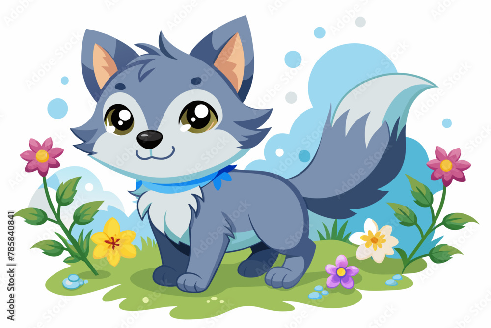 Charming cartoon wolves frolic amidst blooming flowers. Charming cartoon wolves frolic amidst blooming flowers.