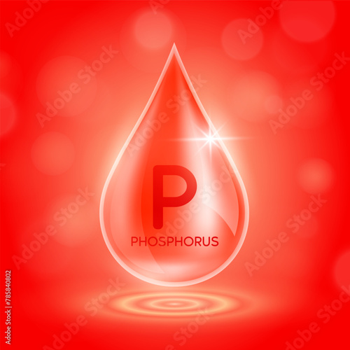 Water drop serum phosphorus minerals from nature on red background. Collagen solution or vitamins complex essential. For ads cosmetics medical. Vector EPS10.