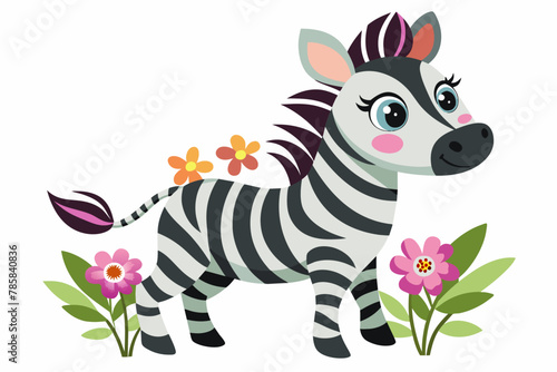 Charming zebra animal cartoon with flowers on a white background.