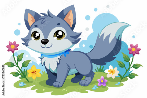 Charming cartoon wolves frolic amidst blooming flowers.