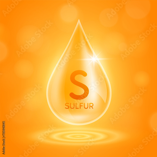 Water drop serum sulfur minerals from nature on orange background. Collagen solution or vitamins complex essential. For ads cosmetics medical. Vector EPS10.