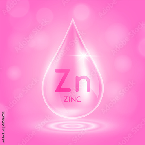 Water drop serum zinc minerals from nature on pink background. Collagen solution or vitamins complex essential. For ads cosmetics medical. Vector EPS10.