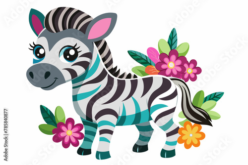 Charming zebra cartoon animal with flowers on a white background