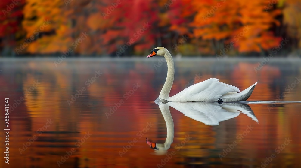 Fototapeta premium A graceful swan gliding across a calm lake, its reflection mirrored in the water, showcasing elegance and beauty.