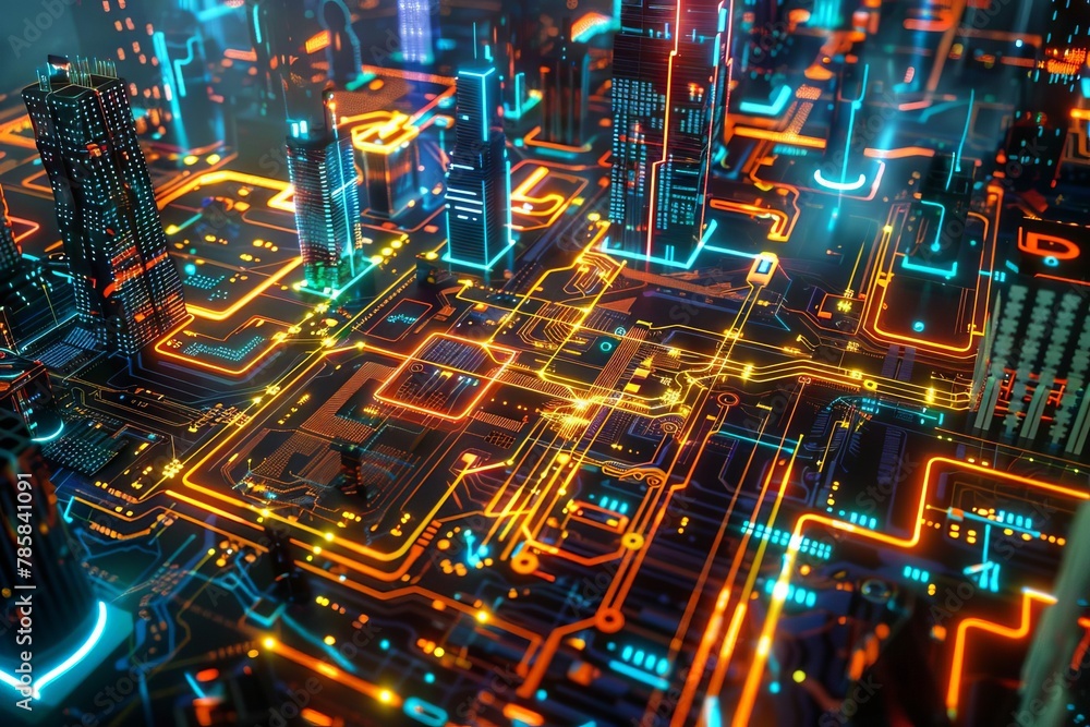 futuristic smart city on circuit board with neon lights and cyberspace theme digital art