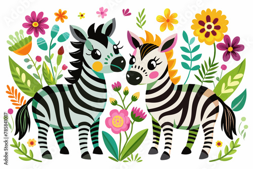 Charming zebras cartoon characters adorned with colorful flowers.