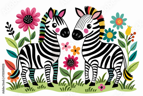 Charming cartoon zebras adorned with vibrant flowers frolic amidst a lush landscape.