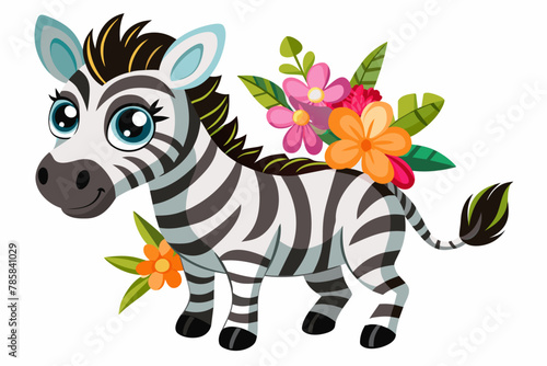 Charming cartoon zebras adorned with delicate flowers, prancing amidst a vibrant meadow.