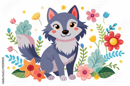 Adorable wolf cartoon character with charming eyes and a playful flower crown.