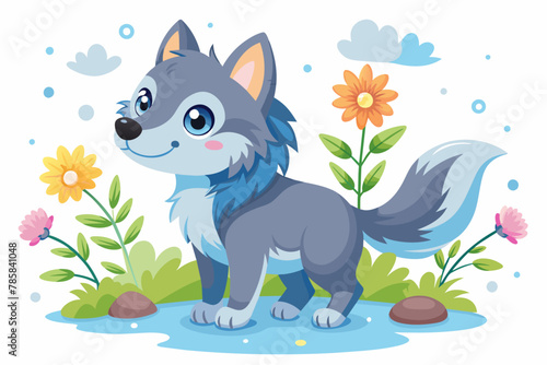 Adorable wolves frolic amidst a field of vibrant wildflowers, exuding charm and whimsy.