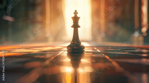Leadership on the chessboard, queen front and center, soft backlight, serene mood