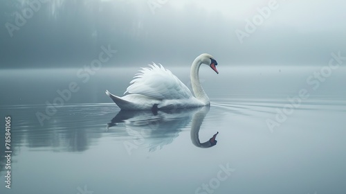 Fototapeta Naklejka Na Ścianę i Meble -  A graceful swan gliding across a calm lake, its reflection mirrored in the water, showcasing elegance and beauty.