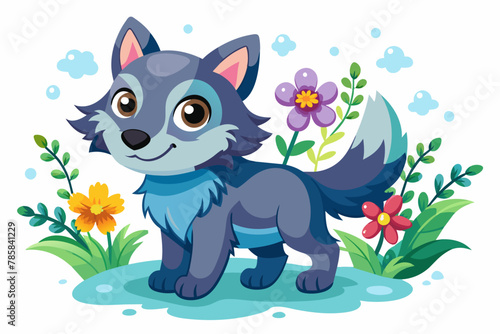 Charming cartoon wolves frolic amidst vibrant blooms, their gentle expressions adding to the captivating scene.