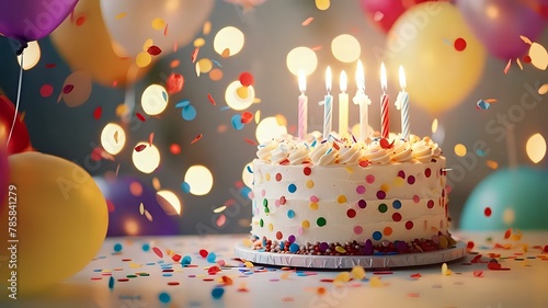 Festive Birthday Cake and Balloons in Vibrant Lighting