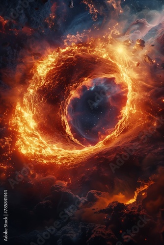closeup spiral fire sky still endgame moloch containing hidden portal ring horizontal destructible environments barren earth devouring human soul doomed