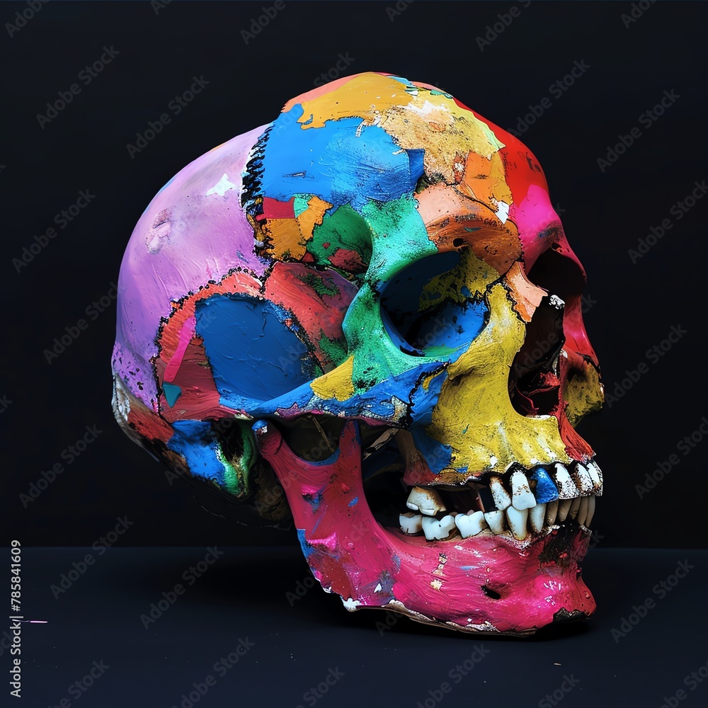 Aesthetic display of a colorful skull, conceptual contrast, side angle, sharp detail, Aesthetic display of a colorful skull, conceptual contrast, side angle, sharp detail,