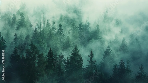 A misty forest shrouded in fog, with trees barely visible in the distance, creating a mysterious and atmospheric scene. photo