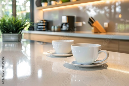 Two coffee cups on reflective kitchen countertop.