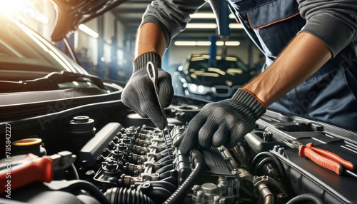 professional mechanic working under the hood of a car, hands expertly adjusting engine components, wearing safety gloves for protection photo