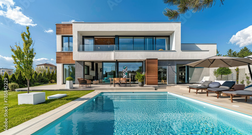 Modern house with a pool and terrace, large windows, white walls, wooden floor, gray concrete surfaces, blue sky in the background, green lawn near the swimming pool © Kien