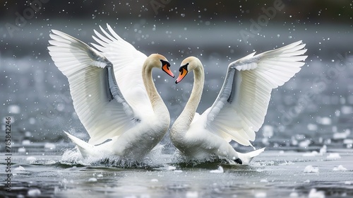 Fototapeta Naklejka Na Ścianę i Meble -  A pair of swans performing a courtship dance, illustrating their social and mating behaviors.