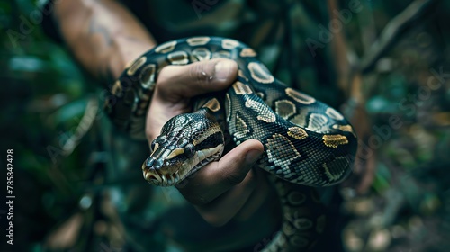 A person holding a python, demonstrating its size and highlighting its docile nature when handled properly. photo