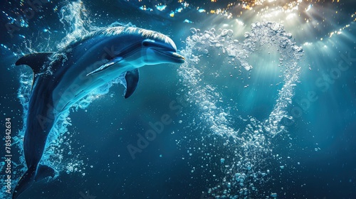 banner background National Dolphin Day theme, and wide copy space, A dolphin blowing bubbles and creating a heart shape underwater, 